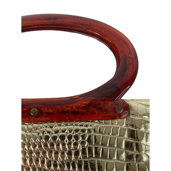 Vintage Gold Embossed Faux Alligator Lucite Handles Purse Folding Tote Bag - Picture 7 of 12